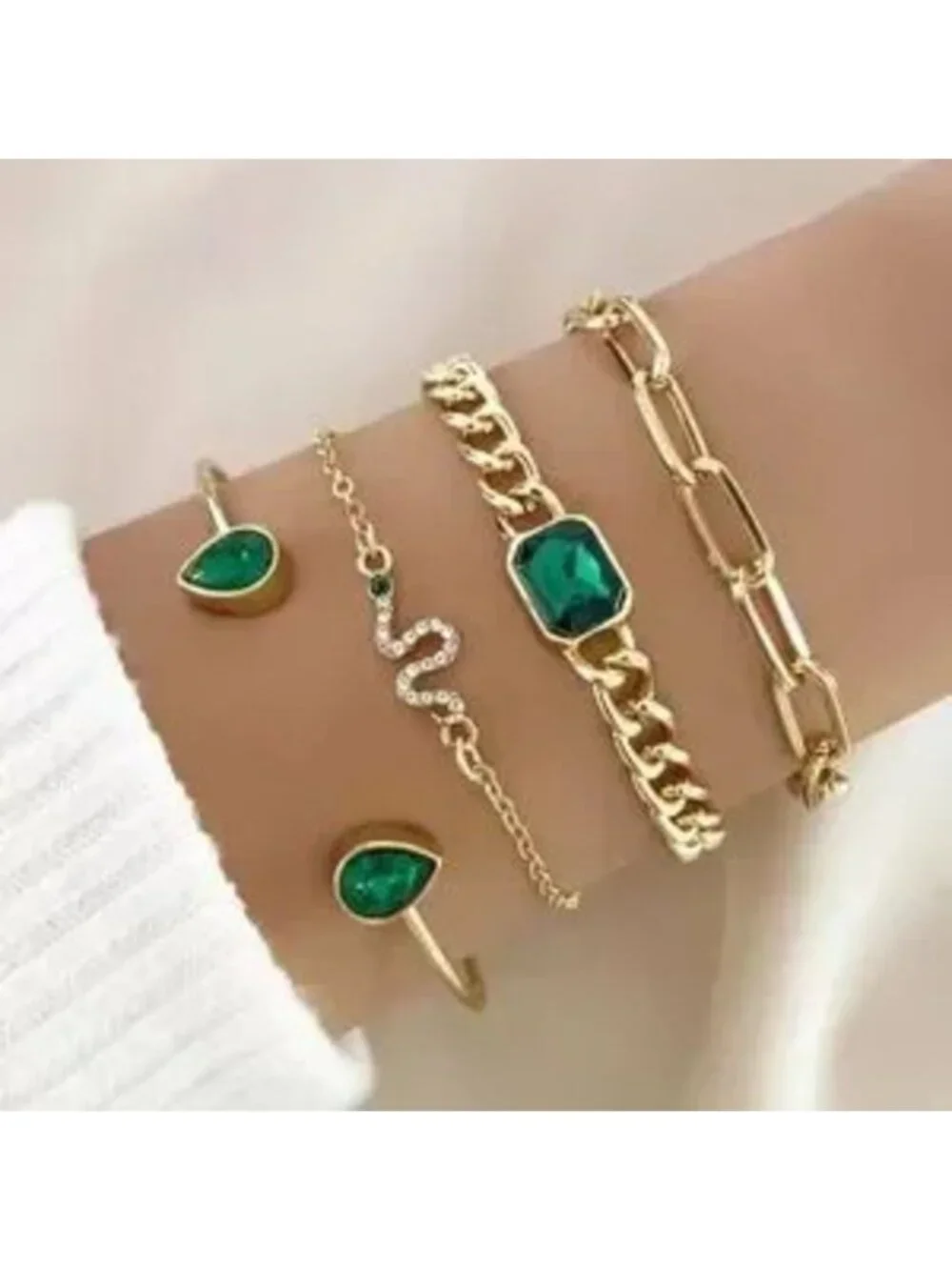 4pc Gold and Green Snake Pendant Bracelet Set
